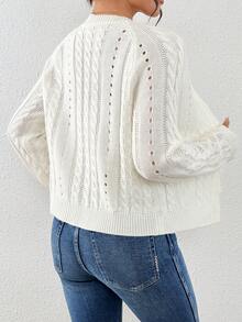 Ritzy Row 女士V领镂空条纹针织开衫，带纽扣，短款 - 杏色 - 查看 2