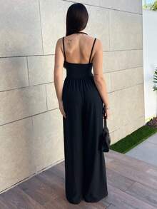 Hitanina 女士休闲百褶宽松直筒连体裤，可调节肩带，春夏 - 黑色 - 查看 2