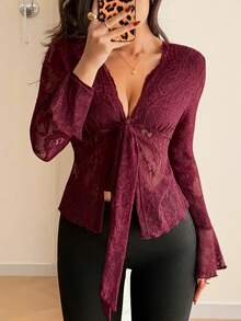Islaluna 优雅蕾丝上衣 性感上衣 约会之夜上衣 开襟上衣 酒红色上衣 蝴蝶结上衣 夏季上衣 春假情人节沙滩上衣 优雅女士上衣 休闲女士红色上衣 - 酒紅色 - 查看 4