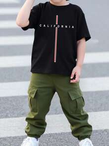 SHEIN Streecool Kids Bộ áo thun kẻ sọc California và quần cargo cho bé trai, trang phục thường ngày thời trang cho các bữa tiệc, lễ hội, mùa xuân/hè. - Nhiều màu - Xem 3