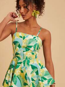 Travachic Plant Print Tie-Front Backless Jumpsuit For Women, Vacation - Multicolor - View 4