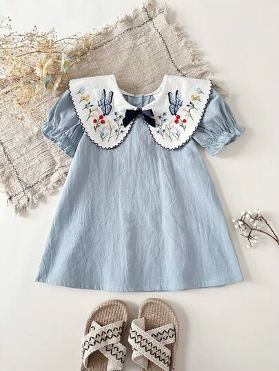 SHEIN Baby Girl Casual Floral Embroidery Peter Pan Collar Bow Decor Summer Dress