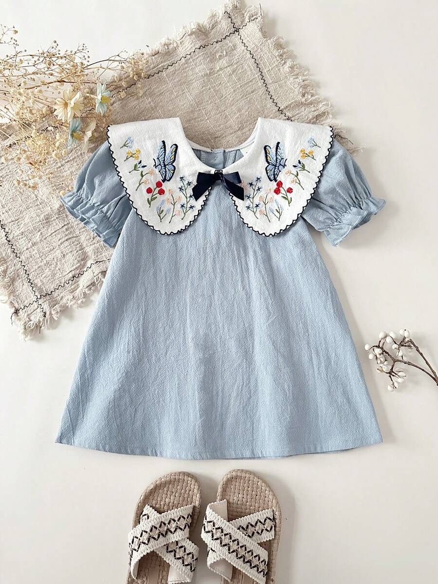 SHEIN Baby Girl Casual Floral Embroidery Peter Pan Collar Bow Decor Summer Dress - Baby Blue - View 1