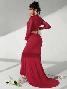 Cheriluna Maternity 孕妇摄影礼服，长袖立领，腰部镂空，露背，鱼尾下摆，及地长裙 - 紅色 - 查看 2