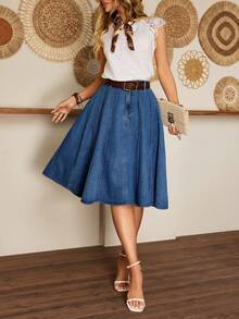 EMERY ROSE Women's Casual Denim A-Line Midi Skirt, Suitable For Daily Commute - Dark Wash - View 5