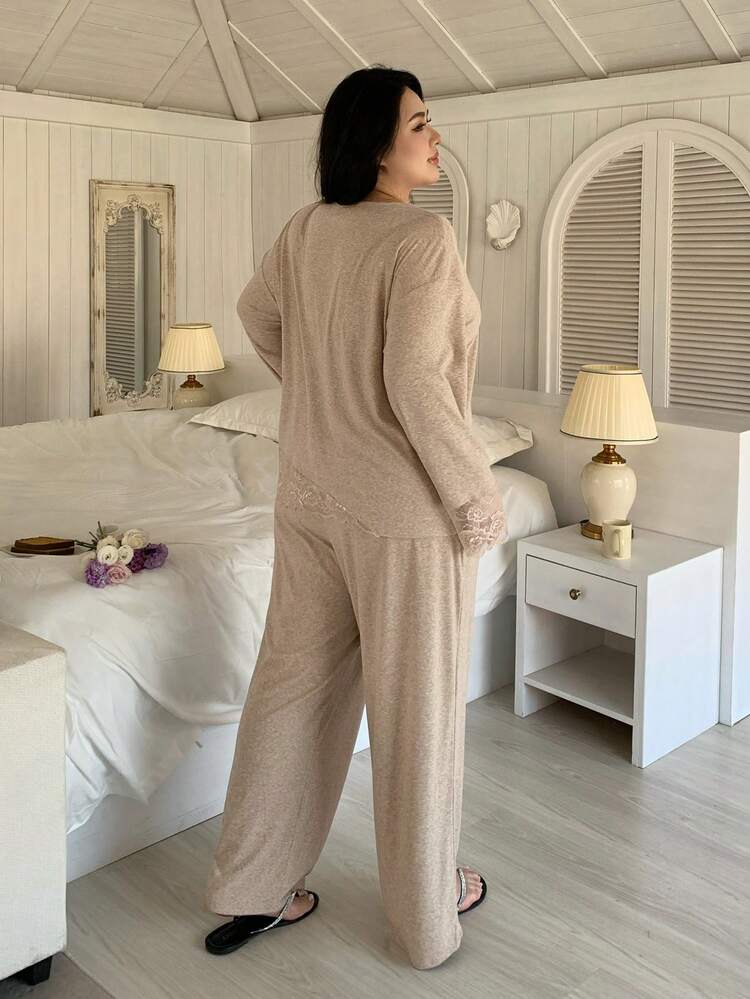 Dazy Plus Plus Size Women Spring/Autumn Solid Color Contrast Lace Loose Fit Pajama Set With Dropped Shoulder Top And Pants