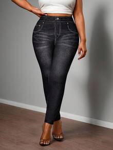 Truni 大码女士优雅高弹仿牛仔打底裤，金属扣装饰，适合通勤，曲线牛仔裤，女士高腰牛仔裤，黑色牛仔裤 - 黑色 - 查看 5