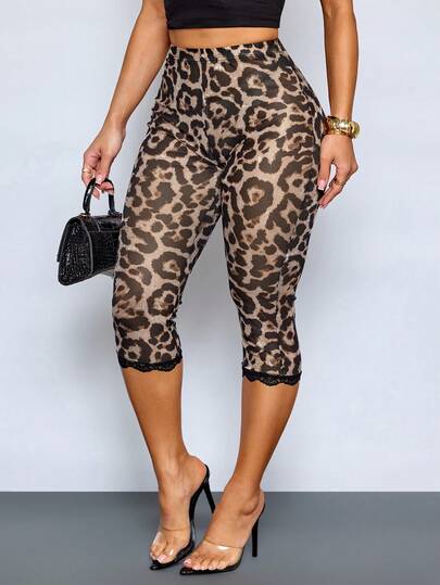 SOLERSUN Women's Fashionable Sexy Leopard Print Lace Decorative Capri Mesh Leggings (Random Floral)