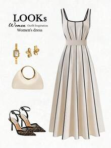 GlowEve 夏季休闲条纹印花方领无袖简约A字连衣裙，适合休闲度假、商务休闲等场合，女士皆宜。 - 杏色 - 查看 1