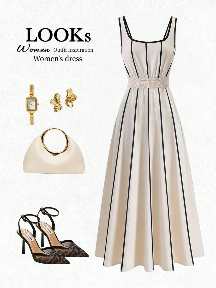 GlowEve 夏季休闲条纹印花方领无袖简约A字连衣裙，适合休闲度假、商务休闲等场合，女士皆宜。 - 杏色 - 查看 1