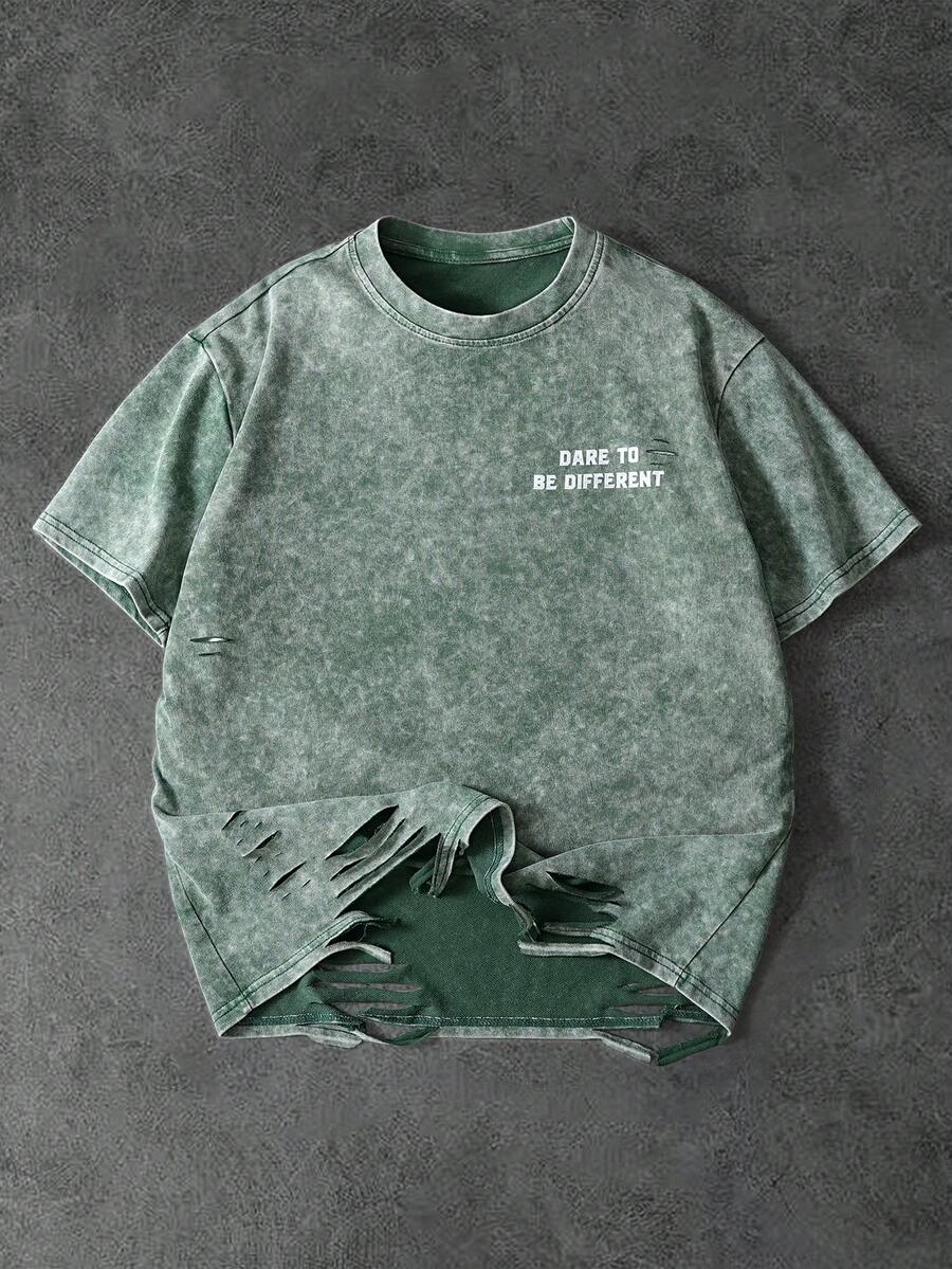 PAVTROS Men's Summer Slogan Print Distressed Crew Neck Short Sleeve Casual T-Shirt Green Graphic Tees Distressed Tshirt - Green - View 1