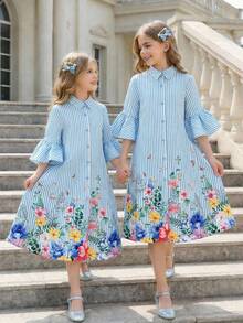 SHEIN 少女条纹碎花休闲连衣裙 - 白色 - 查看 2