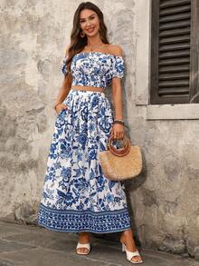 Ellevyn 女士优雅露肩印花上衣和女士蓝白印花半裙，两件套度假套装，夏季女装，节日女装，沙滩女装，乡村女装，夏季套装，印花两件套，长裙露脐上衣套装，露肩上衣和半裙套装，露脐上衣和半裙两件套，夏季套装，女士度假套装，女士休闲连衣裙，母亲节礼物，送给妈妈的礼物，A字裙，节日女装，海滩约会之夜，夏季连衣裙，度假套装，女士度假装，圣托里尼女装，波西米亚风女装，地中海度假套装 - 藍白色 - 查看 7