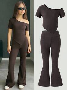 Tween Girls' Spring/Summer Vacation Casual Elegant Asymmetric Off Shoulder Top And Fitted Flare Pants Knit Texture T-Shirt Set - Brown - View 4