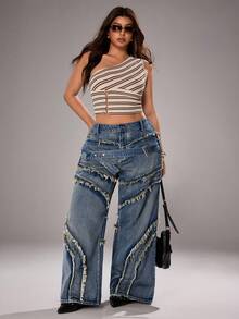 Jeanoix Jeans de pierna ancha lavados y deshilachados de talla grande - Azul - Ver 9