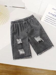 1 pieza Pantalones cortos vaqueros azules desgastados versátiles y casuales para niño - Negro - Ver 5