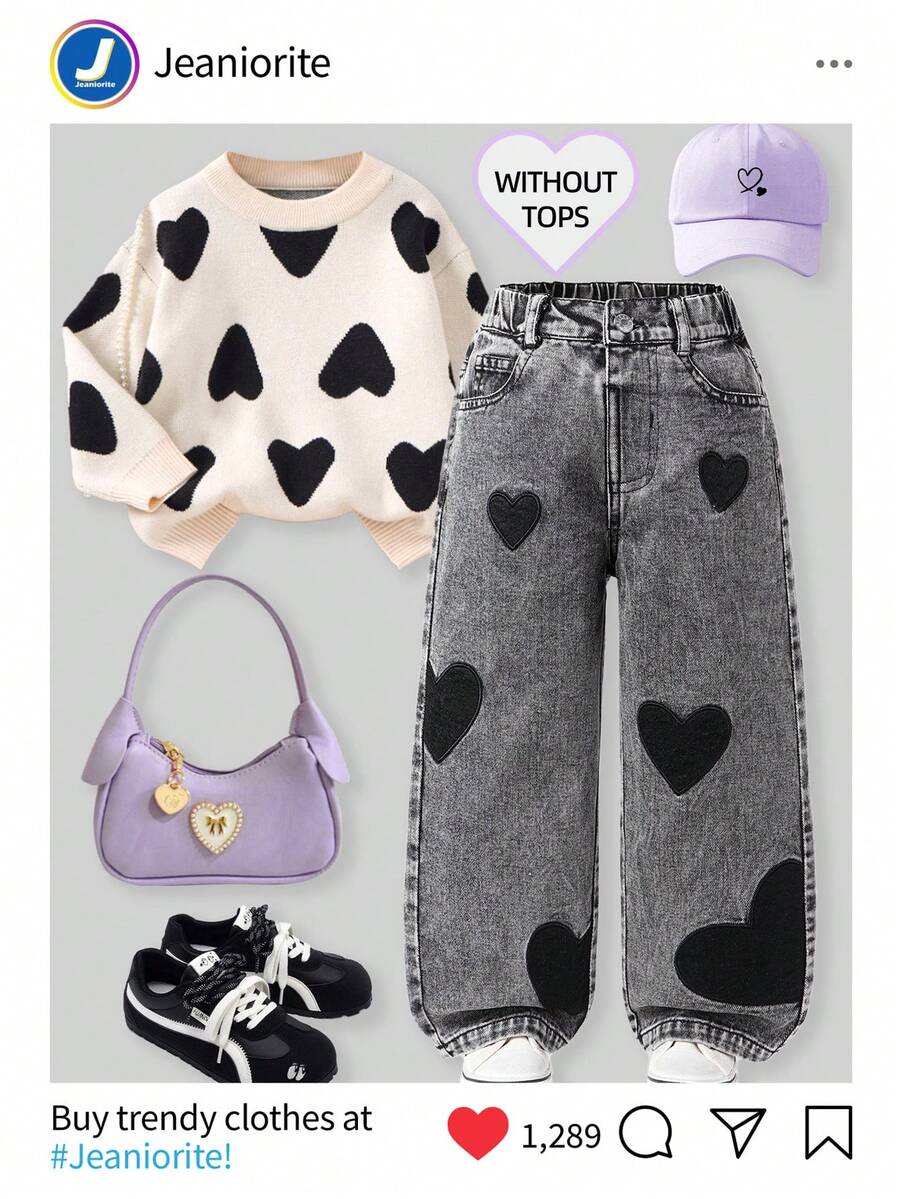 Young Girl Fashion Snowflake Washed Distressed Heart Embroidered Jeans 90s - Dark Grey - View 1