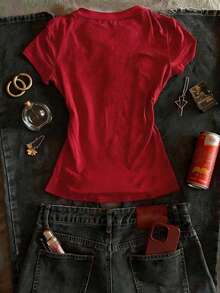 SHEIN Y2K复古字母图案舒适多彩圆领休闲街头风女式上衣，适合日常街头穿着 - 紅色 - 查看 2