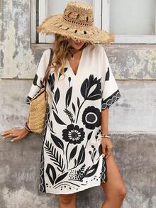 Brillora Áo khoác kimono nữ cổ chữ V in hoa, kiểu dáng thường ngày, có túi hai bên. - Đen và trắng - Xem 1