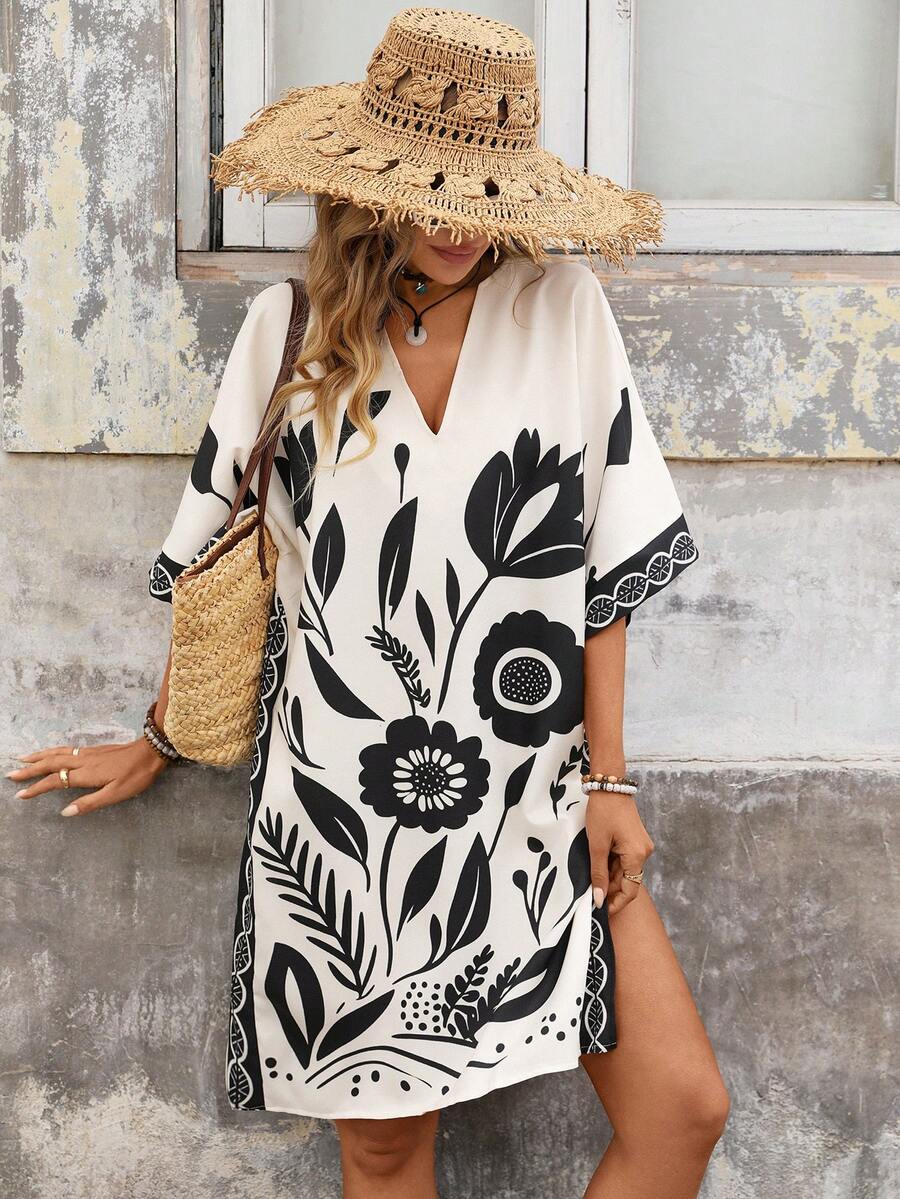 Brillora Áo khoác kimono nữ cổ chữ V in hoa, kiểu dáng thường ngày, có túi hai bên. - Đen và trắng - Xem 1