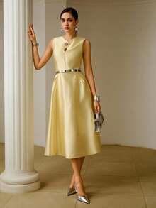 ZEYLAH Design Collar Sleeveless Elegant Long Dress, Spring/Summer - Yellow - View 6