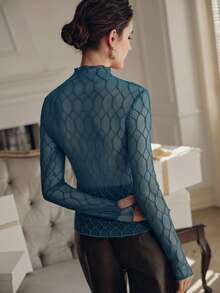 Anewsta Áo thun dài tay nữ gợi cảm, thanh lịch, họa tiết hình thoi, chất liệu xuyên thấu, thích hợp cho tiệc tùng, hẹn hò, mùa xuân. - Màu xanh lam - Xem 6