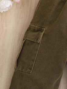 Young Girl' Street Baggy Pocket Wide Leg Cargo Jeans Fall Winter - Coffee Brown - View 6