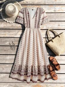 Franclia Holidaya 女士优雅 2026 春夏度假沙滩日常时尚休闲 V 领喇叭袖复古长裙 - 卡其色 - 查看 5