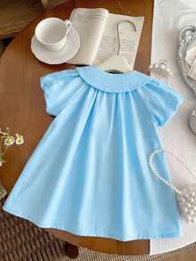 女婴可爱蓝色彼得潘领蝴蝶结短袖连衣裙，夏季 - 藍色 - 查看 2