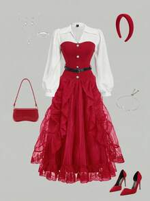 SHEIN MOD 女士复古优雅哥特风红色蕾丝网纱裙 - 紅色 - 查看 4
