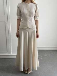 Livesso 女士休闲圆领花瓣袖上衣和半裙两件套，适合通勤、办公、度假、复活节派对、夏季穿着 - 杏色 - 查看 3