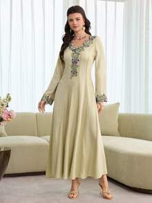 Al Najma Embroidered Lace Trim Splice Elegant Elegant Fashion Long Sleeve Modest Dress - Apricot - View 4