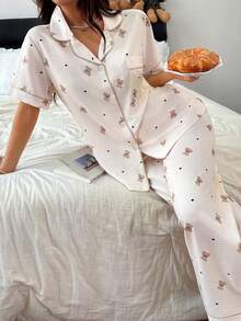 SHEIN Napfluff Bubble Wrinkle Cartoon Bear Collar Short Sleeve Pajama Set - Apricot - View 4