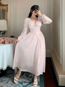 DAZY 法式方领长袖连衣裙，优雅妩媚 - 泡泡糖粉 - 查看 3