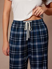 Lazeform Calça feminina casual, solta e reta, com amarração na cintura, canelada e com estampa xadrez. Confortável e versátil, ideal para primavera e verão. - Azul - Ver 5