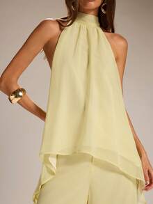 SHEIN BAE Spring/Summer Solid Yellow Halter Neck Sheer Asymmetrical Sleeveless Tank Top & Linen Wide Leg Pants, Casual 2-Piece Set Minimalist 2-Piece Set - Yellow - View 7
