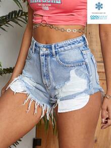 Rivivi Quần short denim siêu ngắn mùa hè dành cho nữ, kiểu dáng thường ngày, thời trang đường phố, rách tua rua. - Rửa nhẹ - Xem 6