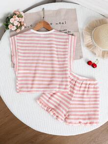 SHEIN Bộ áo thun cổ tròn in sọc và quần short cho bé gái, kiểu dáng thường ngày. - Nhiều màu - Xem 3