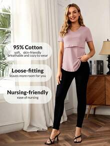SHEIN Maternity Casual Solid Color V-Neck Short Sleeve T-Shirt, Convenient For Breastfeeding - Mauve Purple - View 3