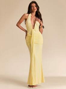 SHEIN BAE 黄色蕾丝露背V领高开衩吊带连衣裙，优雅蕾丝连衣裙，度假连衣裙，伴娘礼服，生日派对礼服，返校/毕业礼服 - 黃色 - 查看 3