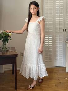 DAZY Tween Girls Mesh Embroidered Cap Sleeve Dress, Fall - White - View 7