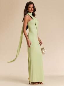 SHEIN BAE Đầm xanh lá cây trơn, vai lệch, buộc dây, dành cho nữ, đầm xanh lá cây, đầm thanh lịch, đầm đi nghỉ mát, đầm ngắn cho phù dâu, đầm đi học/tốt nghiệp. - màu xanh lá - Xem 7