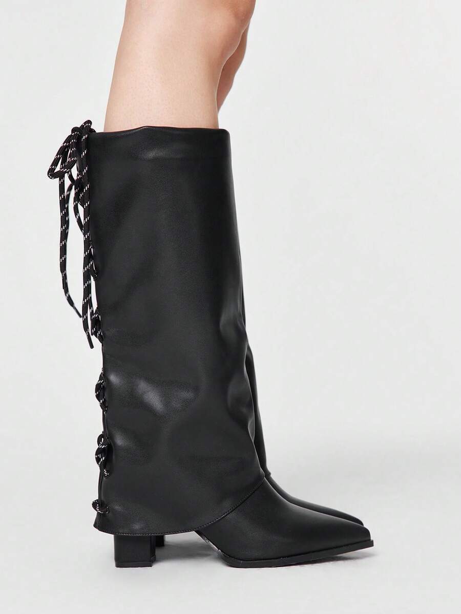 ROMWE Grunge Punk Botas altas hasta la rodilla de tacón alto, de diseño versátil y de moda con punta puntiaguda y cordones para mujer - Negro - Ver 1