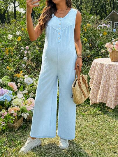 SHEIN Maternity Summer Casual Vacation Daily Commute Solid Color Textured Fabric Half-Button Front Sleeveless Loose Nursing Jumpsuit Maternity Jumpsuits For Woman Maternity Rompers Pregnant Outfits Summer Maternity Sets Summer Maternity Overalls
