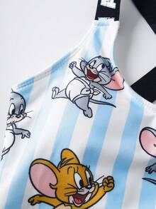 TOM & JERRY X SHEIN Tween Girl Cartoon Print Casual Jumpsuit Swimsuit - Blue and White - View 4