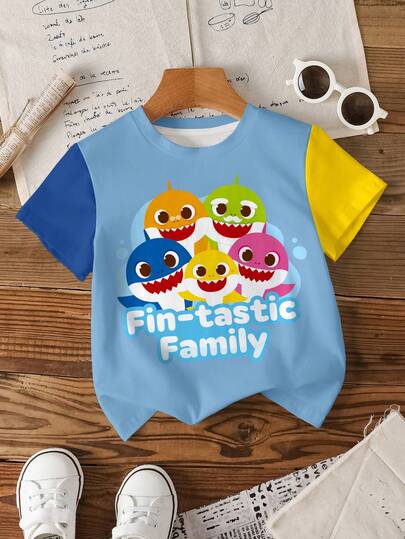 BABY SHARK X SHEIN Young Boys Colorblock Round Neck Short Sleeve Summer Cute Cartoon Print T-Shirt