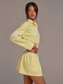 Athîral Áo sweatshirt nữ tay dài cổ bẻ dáng ngắn màu vàng, kiểu dáng thường ngày. - Vàng nhạt - Xem 6