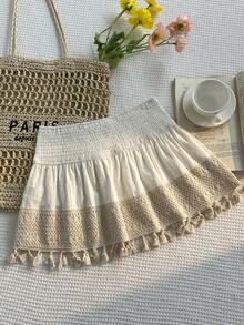 Elamini Chân váy ngắn nữ màu trắng cạp thấp, chun co giãn cao, gấu váy xếp ly, viền bèo nhún, kiểu dáng gợi cảm cho kỳ nghỉ biển. - trắng - Xem 2