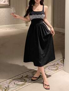 DAZY Contrast Color Lace Patchwork Waist Cinched Mid-Length Women Nightgown - Black - View 4