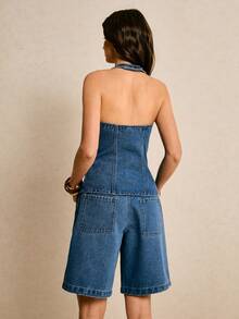 Poéselle 新款女士牛仔两件套休闲套装，包括一件前扣露背牛仔上衣和一条牛仔短裤，非常适合夏季穿着。夏季女装、办公室女装、短款女装、夏季女装、休闲女装 - 中等水洗藍 - 查看 2